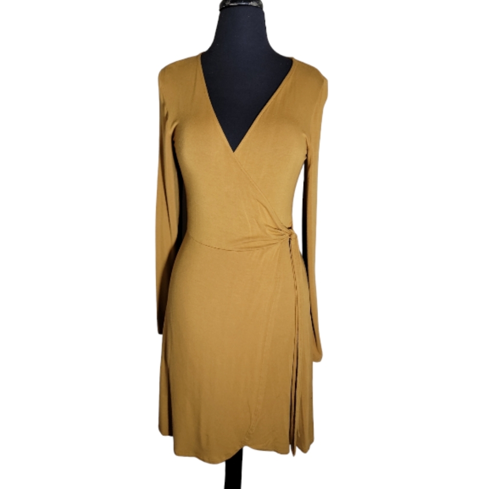 Express v neck faux wrap long sleeve yellow dress size XS